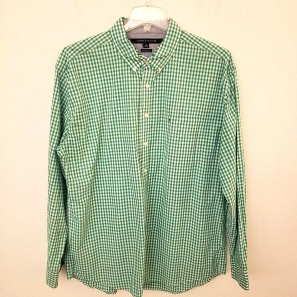 Tommy HIlfiger Gingham Checked Green/White Button Up 100% Cotton Shirt XXL EUC - Picture 1 of 10